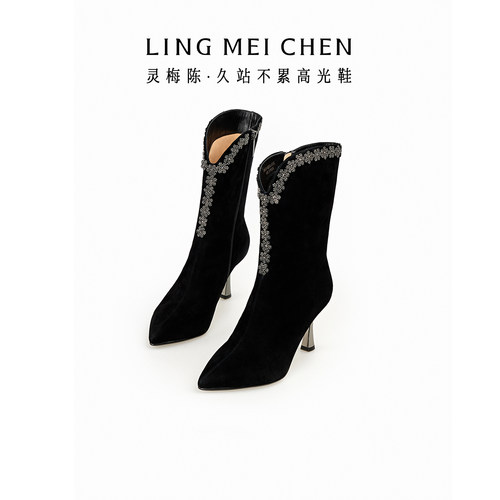 灵梅陈中筒西部牛仔高跟靴女靴