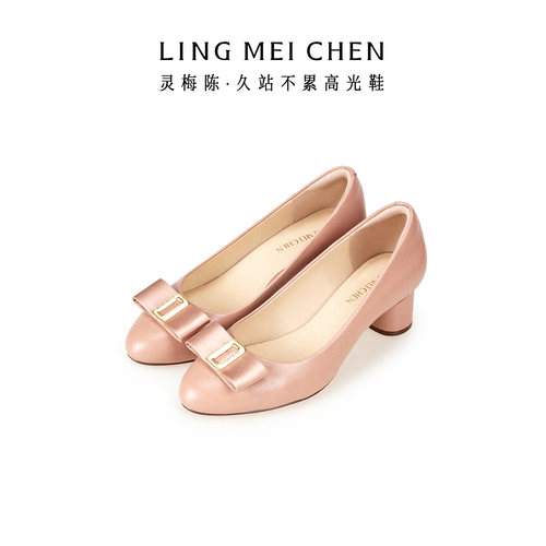 灵梅陈粉色高跟鞋圆头粗跟皮鞋女