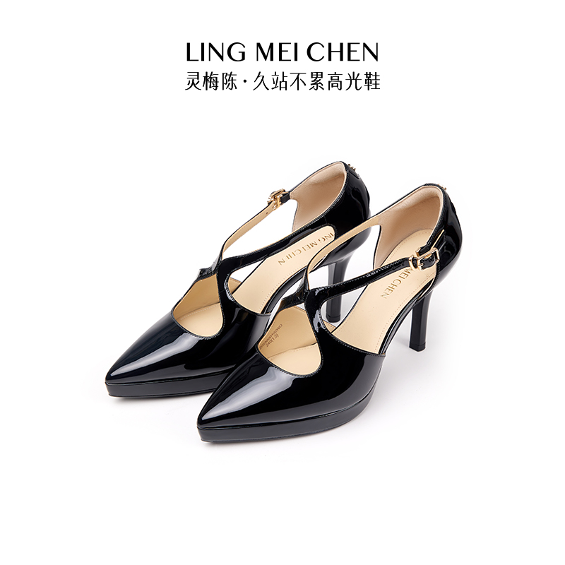 灵梅陈防水台高跟鞋亮面厚底凉鞋