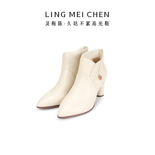 灵梅陈尖头白色短靴真皮高跟踝靴