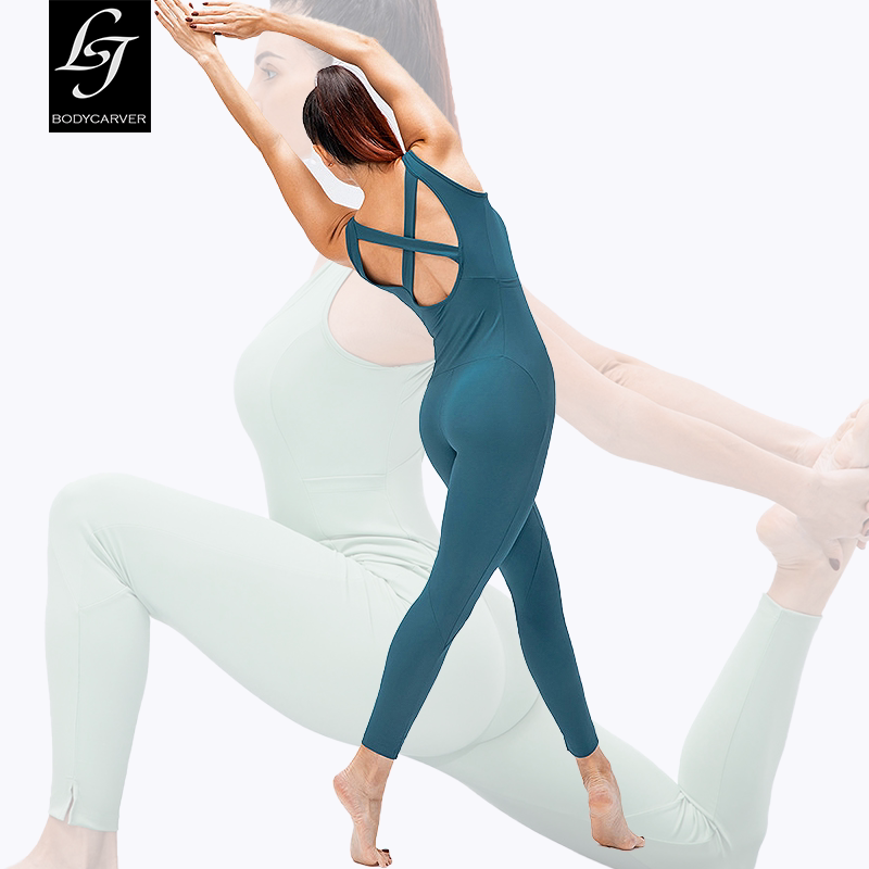 Bodycarver女子新款专业连体瑜伽服性感露背运动紧身衣健身连体裤