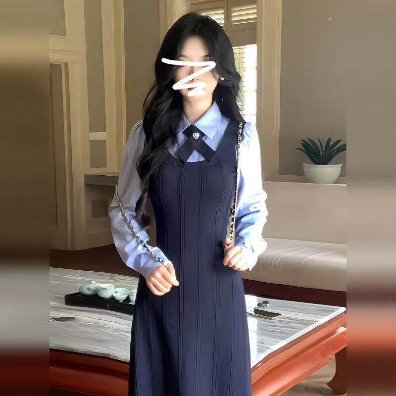 学院风假两件套装黑色背带连衣裙连衣裙
