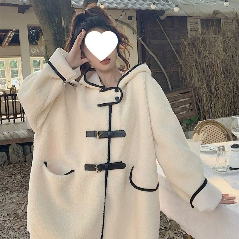 2025秋冬新款ins连帽中长款仿羊羔毛外套韩版时尚加绒学生大衣女