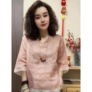 中袖 新款 中年女士夏装 T恤天丝苎麻小衫 棉麻上衣 妈妈女装 气质大码