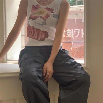 Unique SEI夏日简约复古花朵立体SOAP印花短款圆领修身螺纹背心