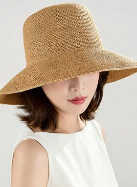 2026新款女士草帽女春季防晒遮阳帽大檐可折叠UPF50+度假草编帽