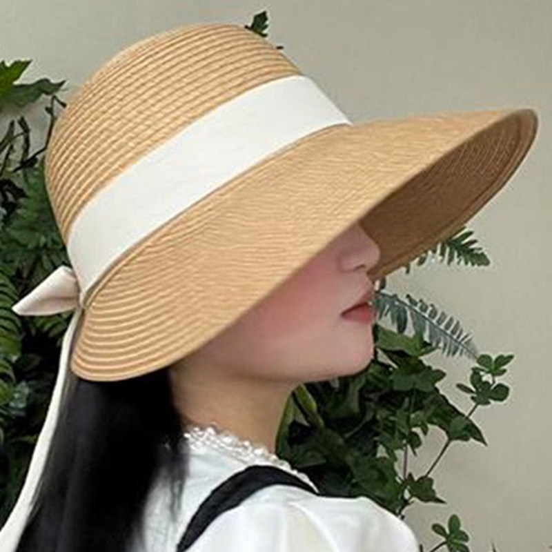 法式丝带蝴蝶结草帽夏季帽子女款草编防晒帽遮阳帽海边沙滩太阳帽