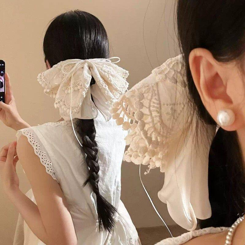 心动绘月米色蕾丝蝴蝶结抓夹女高级感温柔夹子头饰后脑勺大号发夹