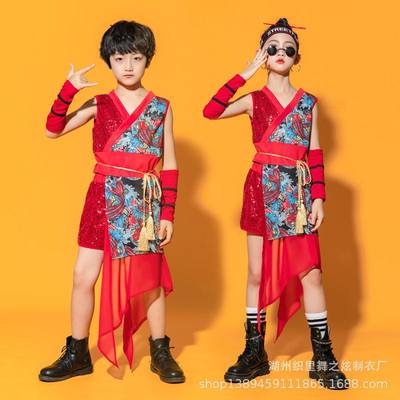 儿童舞蹈服古风旗袍潮流中国风男童女童拼接走秀舞台服