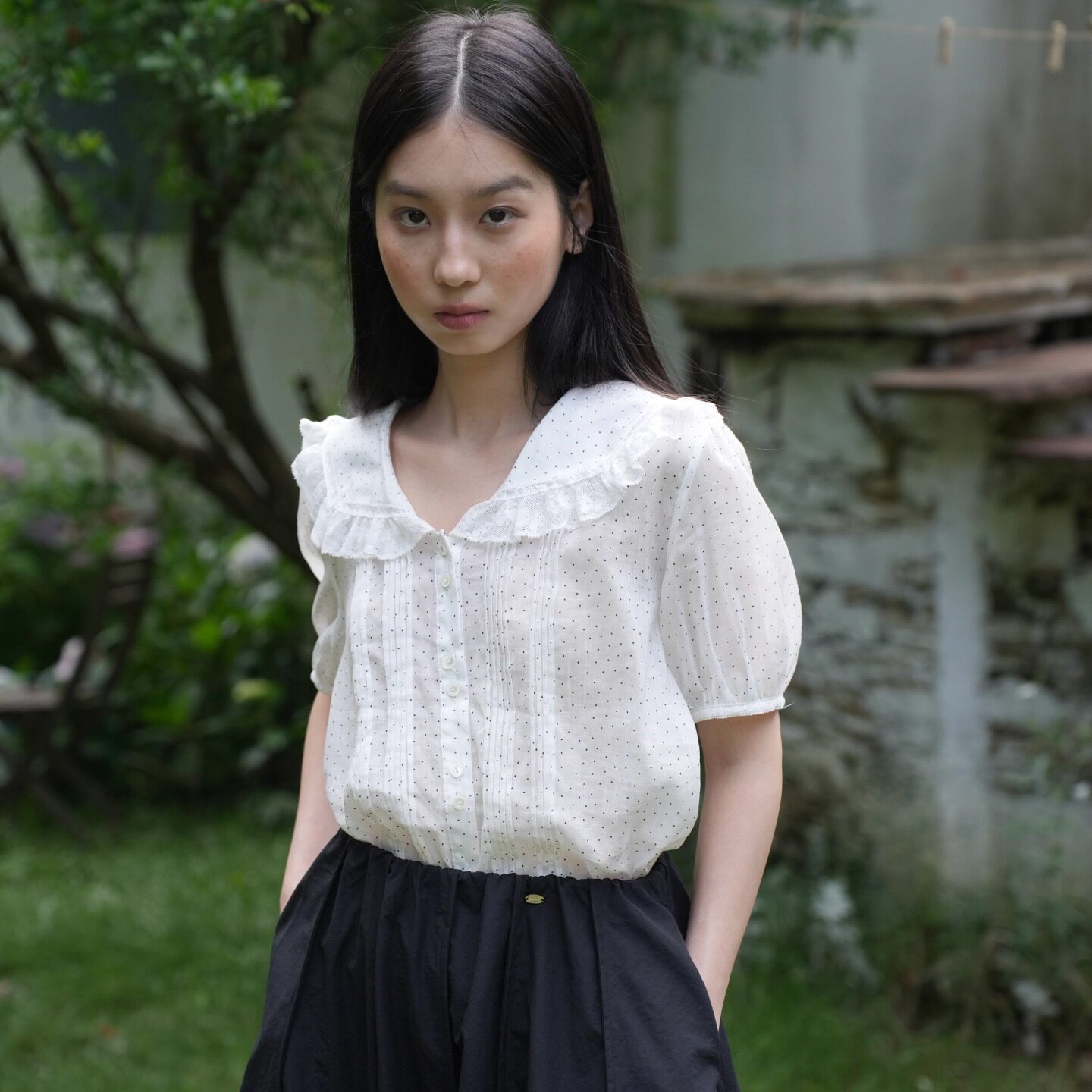 women stars birds 法式复古波点蕾丝领苎麻短袖衬衫