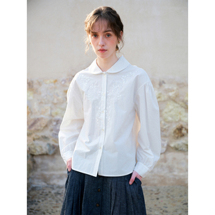 田园纯棉碎花衬衫 birds春法式 蕾丝领刺绣宽松衬衣 stars women