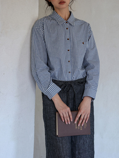 women stars birds复古格纹宽松小方领长袖衬衫叠穿衬衣