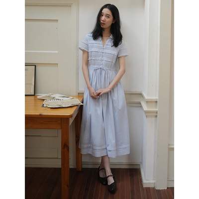 women stars birds夏[赫本风格]法式优雅V领蕾丝边收腰连衣裙伞裙