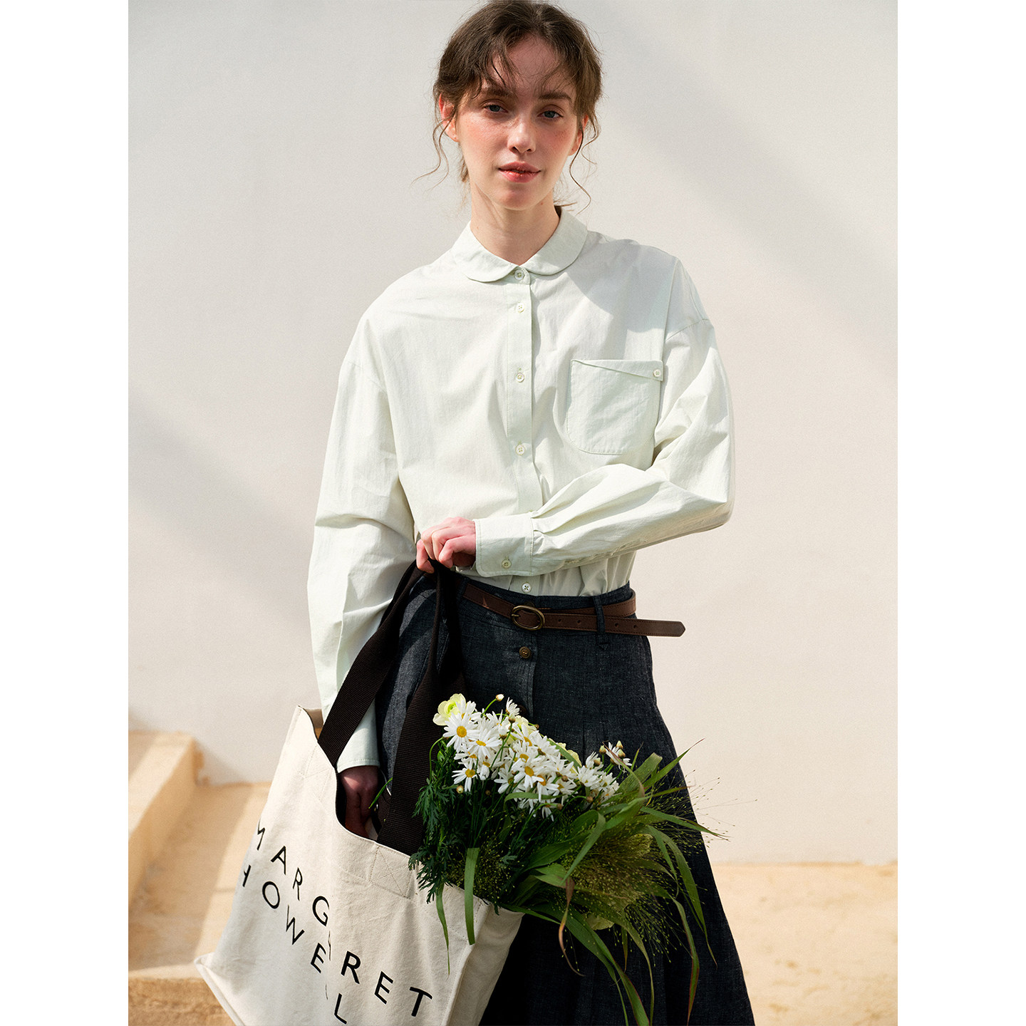 women stars birds春彼得潘领全棉刺绣衬衫/薄荷绿宽松通勤上衣