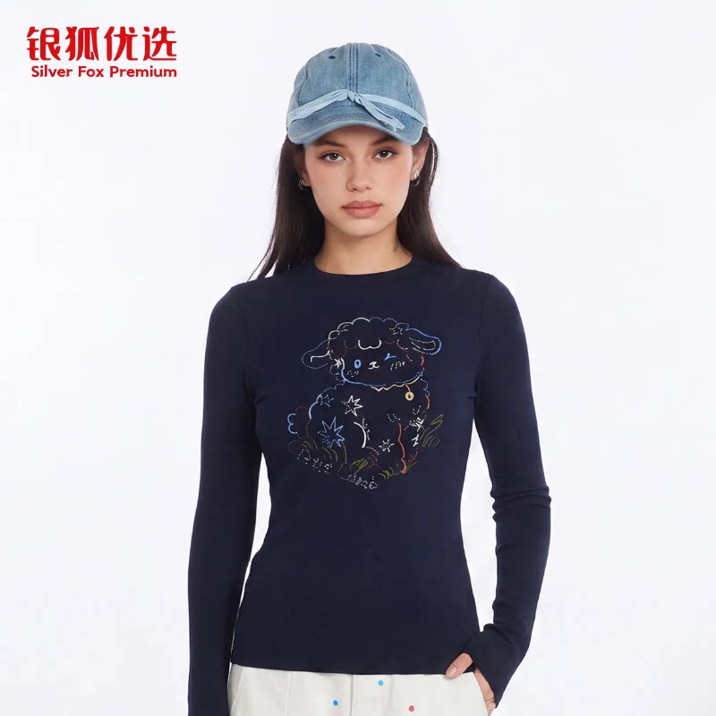 银狐优选 美式复古2026秋装新款紧身长袖T恤女刺绣小羊上衣打底衫