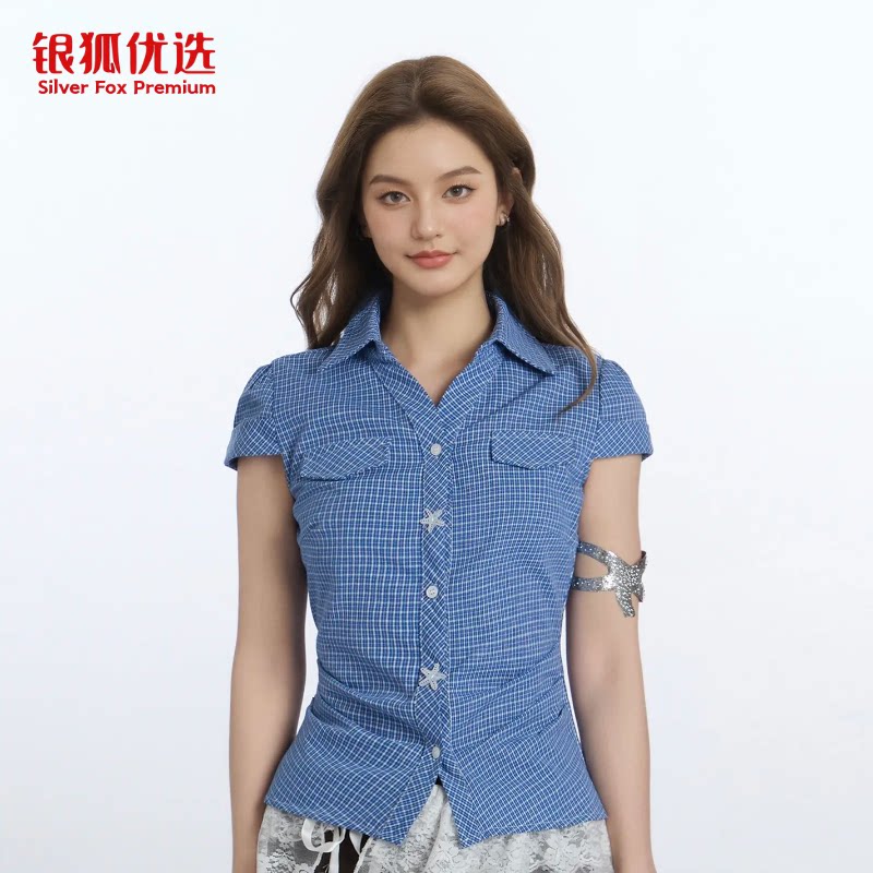 银狐优选美式复古2026夏季新款格子短袖衬衫女修身显瘦bm风上衣潮