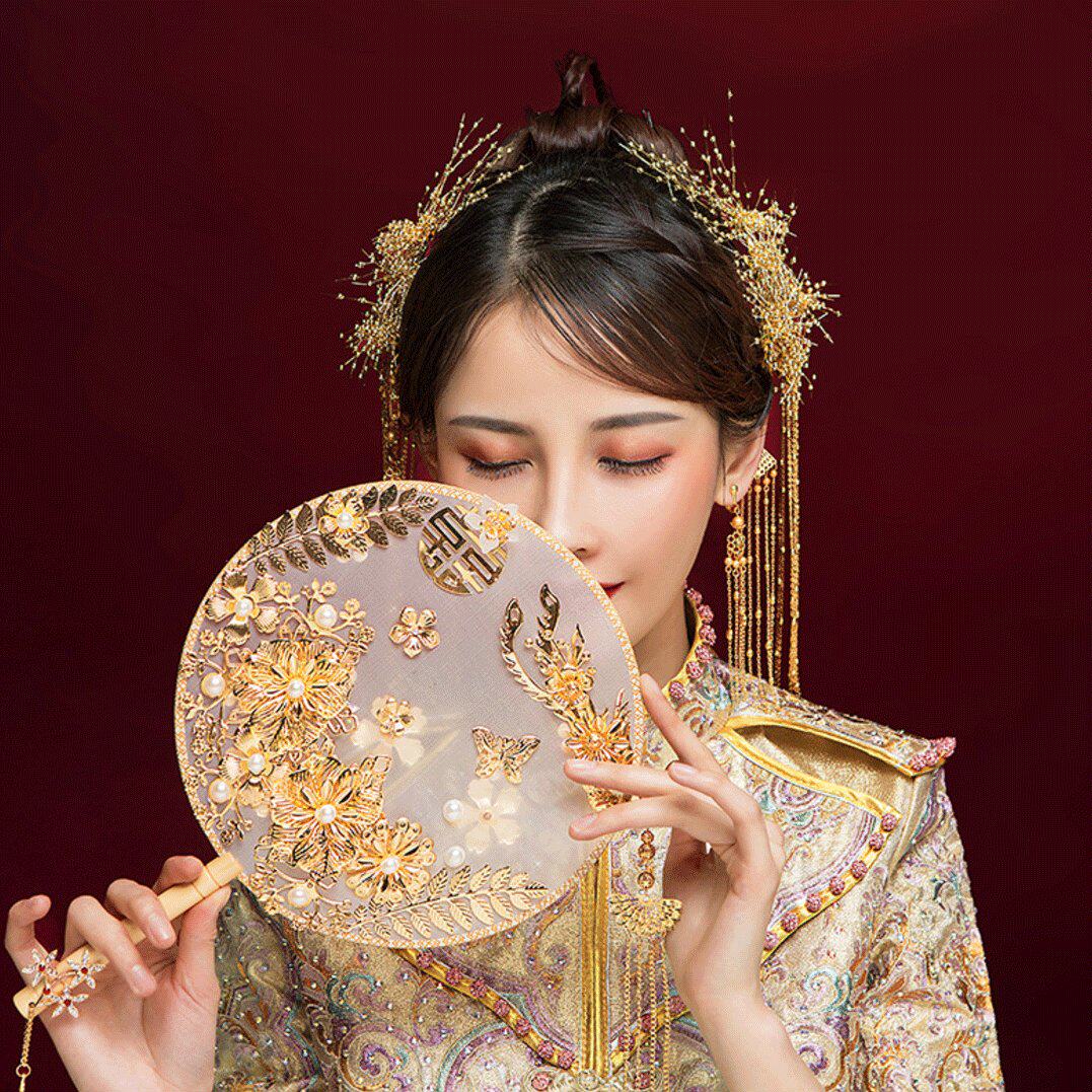 新娘秀禾服龙凤褂古装中式手拿扇汉服扇子结婚喜扇金色手工艺团扇