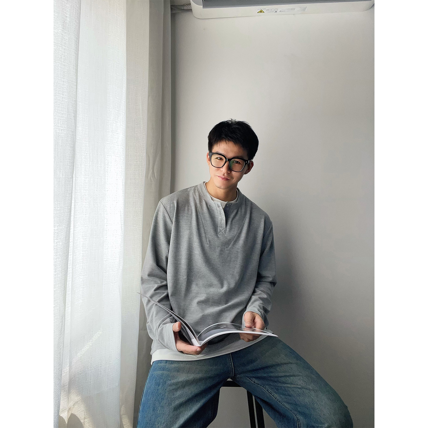 假两件宽松长袖T恤上衣