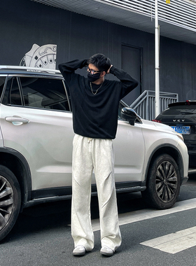 DAL 美式灰白色卫裤男2025年春季新款折皱百搭休闲宽松阔腿休闲裤