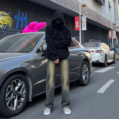 美式复古黄泥色牛仔裤