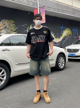 DAL 美式复古蓝宽松牛仔短裤男夏季新款阔腿直筒街头五分裤休闲裤