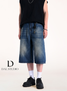 DAL 美式复古深蓝色牛仔七分裤男2025年夏季新款显瘦宽松阔腿短裤