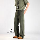 男2025年秋冬宽松阔腿潮流复古长裤 DAL 石磨做旧军绿色直筒牛仔裤