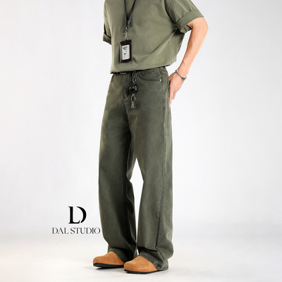 DAL 石磨做旧军绿色直筒牛仔裤男2026年春夏宽松阔腿潮流复古长裤