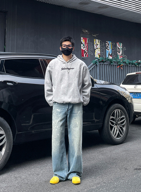 DAL AC泼墨宽松阔腿牛仔裤男秋冬新款潮流痞帅高街冰蓝色拖地裤子