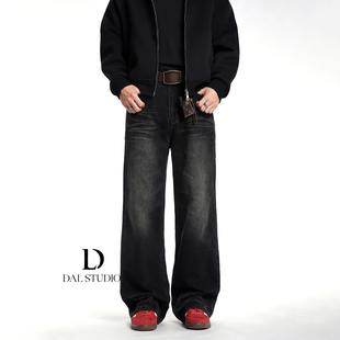男2025年秋冬水洗黑色休闲裤 复古立体压皱猫须直筒牛仔裤 美式 DAL