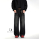 DAL 男2025年秋冬水洗黑色休闲裤 美式 复古立体压皱猫须直筒牛仔裤