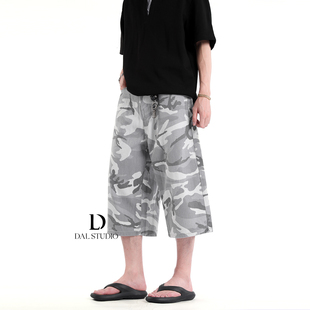 DAL 美式白色迷彩七分牛仔裤男宽松阔腿工装裤百搭夏季短款休闲裤