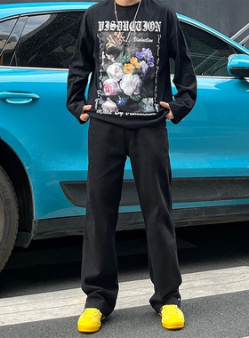 DAL 纯黑色直筒牛仔裤男2025年春季修身显瘦休闲后松紧腰垂感长裤