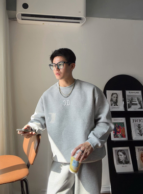 DAL 运动休闲风廓形圆领卫衣男灰色字母印花长袖潮流百搭宽松上衣