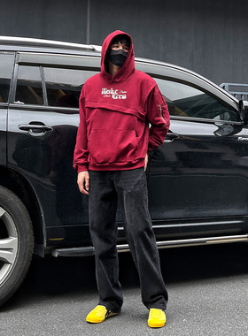 DAL 黑色做旧复古牛仔裤男2024年新款宽松阔腿裤窄版直筒长裤男