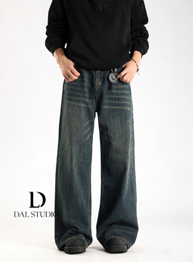 DAL 美式巴黎竹节纹直筒牛仔裤男2025年秋冬复古宽松阔腿拖地裤潮