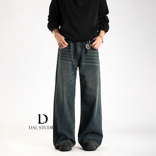 男2025年秋冬复古宽松阔腿拖地裤 巴黎竹节纹直筒牛仔裤 潮 美式 DAL