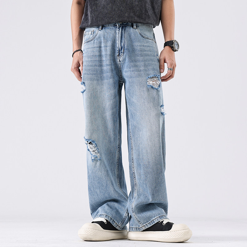NBKY天丝莱赛尔美式复古破洞牛仔裤男复古水洗百搭直筒裤阔腿长裤,男装,牛仔裤,淘宝优惠券,粉丝福利购,淘宝优惠卷