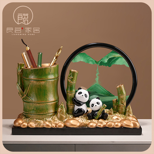 中国风熊猫文创笔筒流沙画 画摆件装饰品办公室桌乔迁毕业礼物送