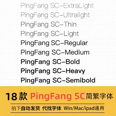 苹方字体PingFangSC港中英文苹果手机商用黑中细粗体win字体包mac