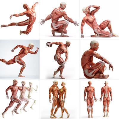 高清人体骨骼动态肌肉结构组织绘画素描参考医学海报JPG图片素材