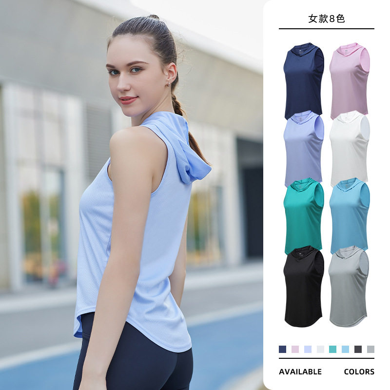 夏季连帽运动背心女士无袖速干弹力快干跑步户外训练瑜伽休闲上衣