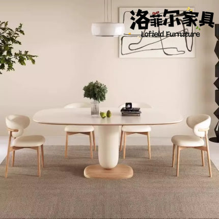 岩板实木餐桌椅组合奶油风家用吃饭桌现代长方形桌子小户型西餐桌