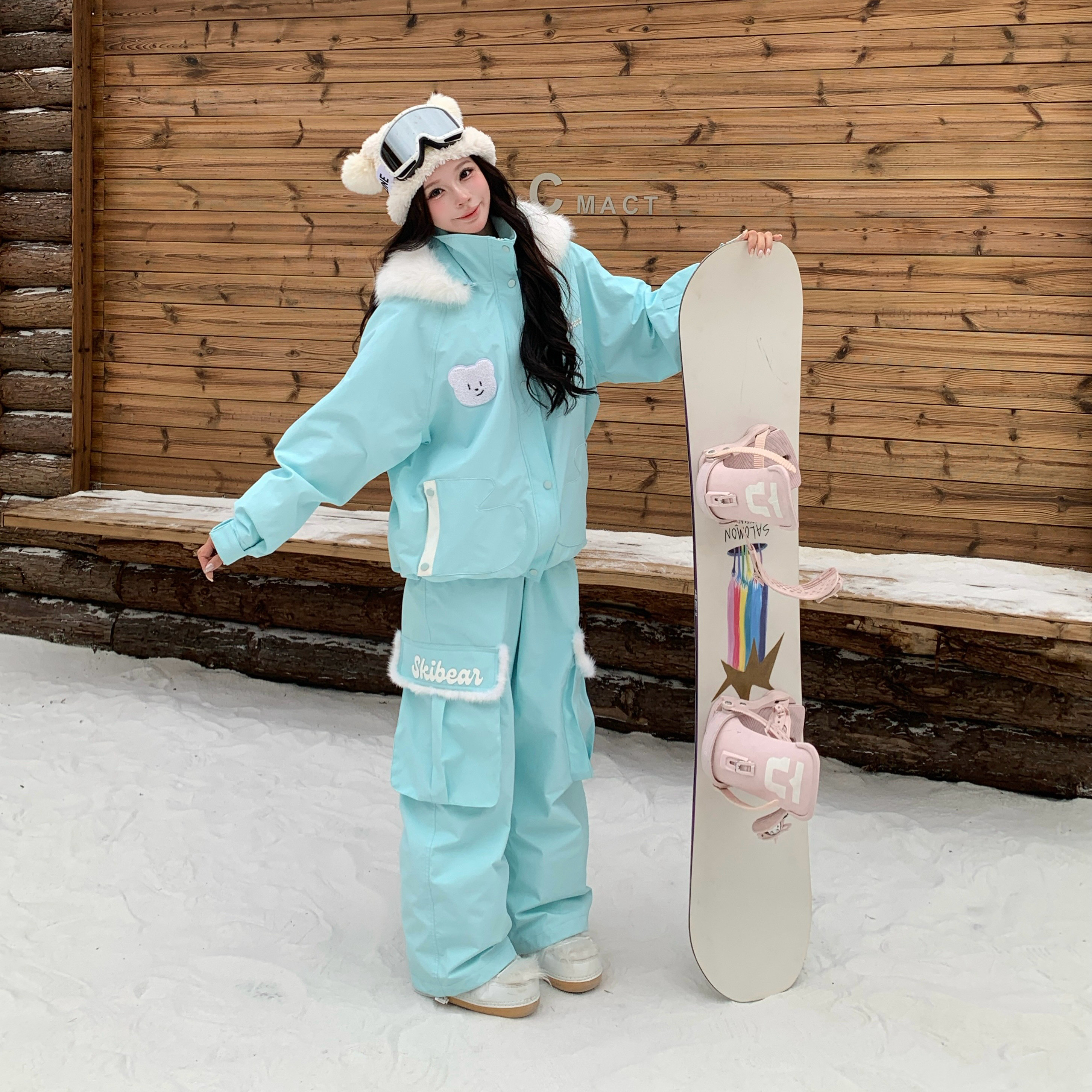 Skibear原创冰蓝色小熊滑滑雪衣裤套装