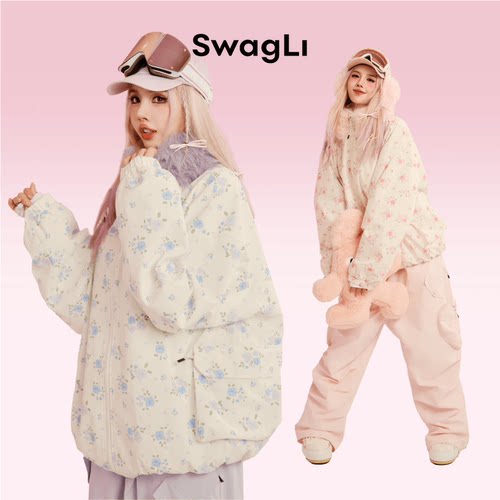 Swagli新款【花花】【心心】滑雪服毛毛领小碎花加绒单双板滑雪裤