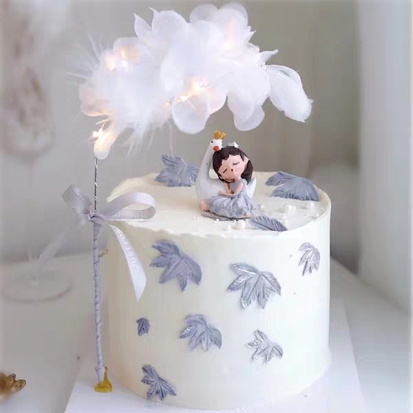 天鹅女孩蛋糕装饰摆件唯美可爱瞌睡少女娃娃公主生日烘焙配件插件