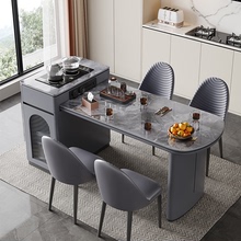 轻奢奶油风岩板岛台餐桌茶台一体可伸缩小户型高端家用餐厅中导台
