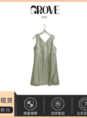 【现货】GROVE EDGE绿色修身蕾丝连衣裙女V领无袖清新百搭背心裙