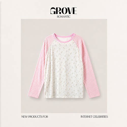 【现货】GROVE ROMANTIC韩系兔子插肩袖女条纹撞色宽松长袖上衣