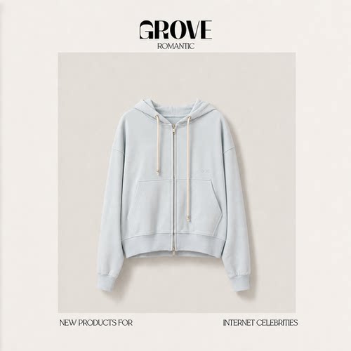 【现货】GROVE ROMANTIC双拉链做旧破洞连帽卫衣韩系刺绣抽绳外套